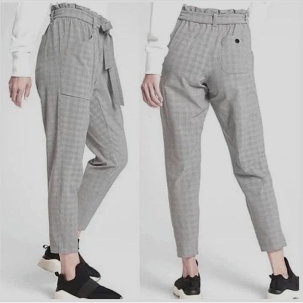 Athleta Skyline Pant Grey Glen Plaid Paperbag Waist Tapered Size 0 Preppy Office